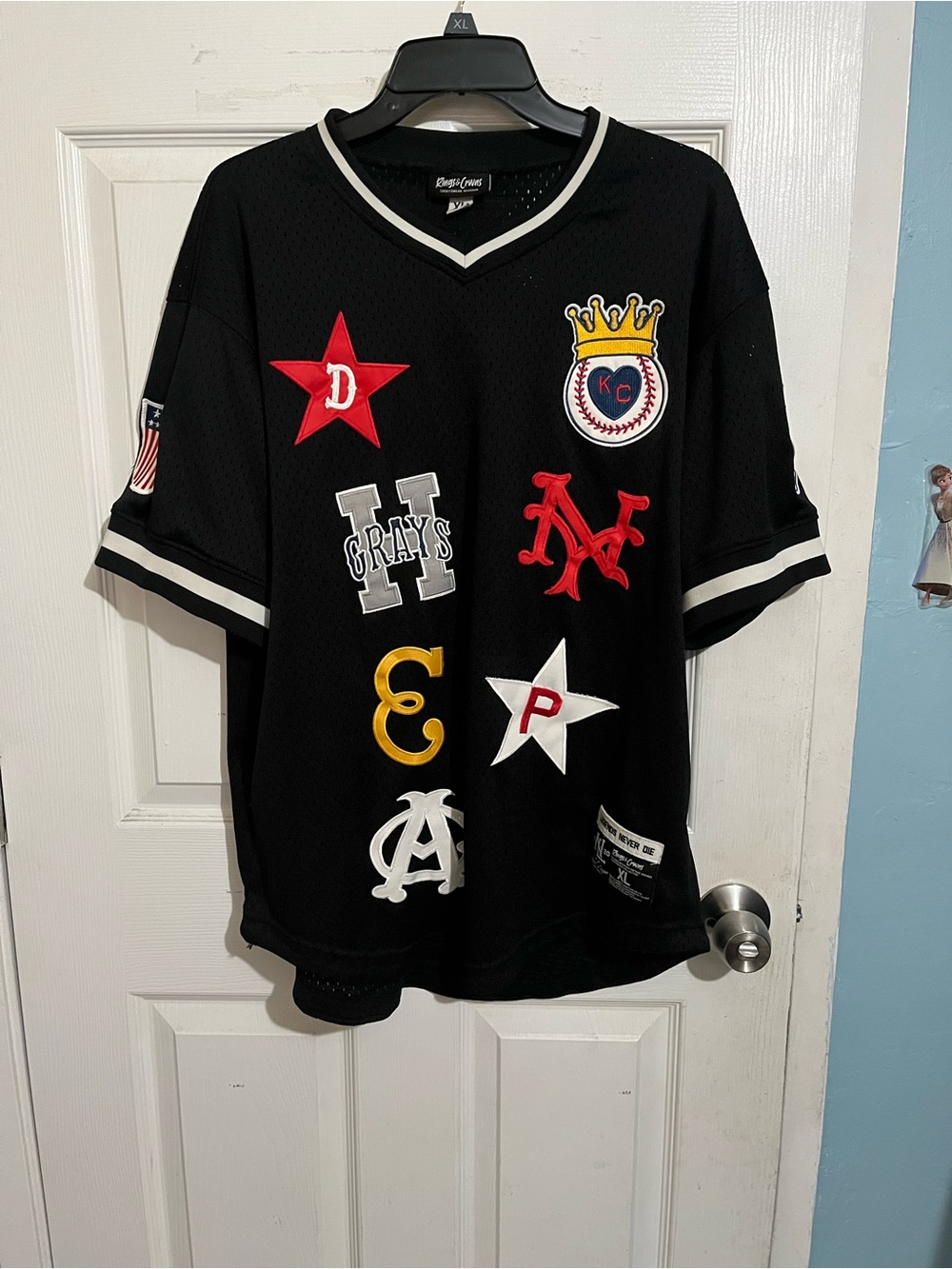 Black Patch Logo Baseball-Style Jersey with Multi-Color Embroidered Patches